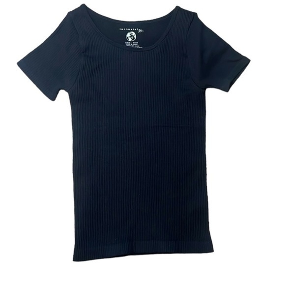 NWT Free People Black Ribbed Seamless Scoopneck Tee Basic Recycled Nylon XS - Picture 1 of 8